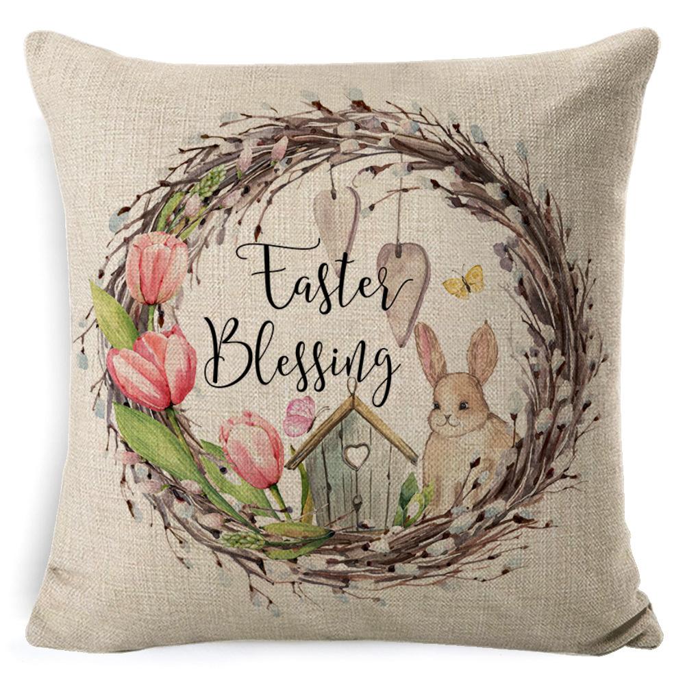 Cartoon Easter Pillow Cover Linen Watercolor Bunny Egg Home Sofa Cushion Cover