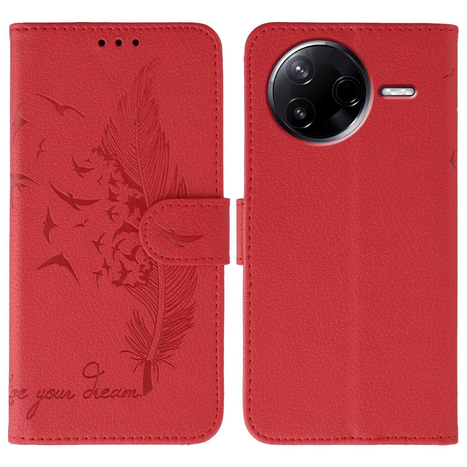 

For Xiaomi Poco F7 Pro 5G/Redmi K80 5G Case Feather Imprint PU Leather Wallet Phone Cover Red