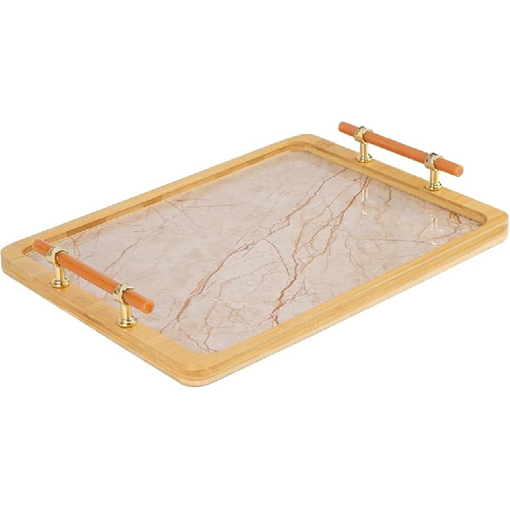 2 Pack Bamboo Serving Tray with Handles, Portable Bed Tray for Breakfast Dinner, Eating Trays for Living Room,Restaurants 1 PACK-Rectangular