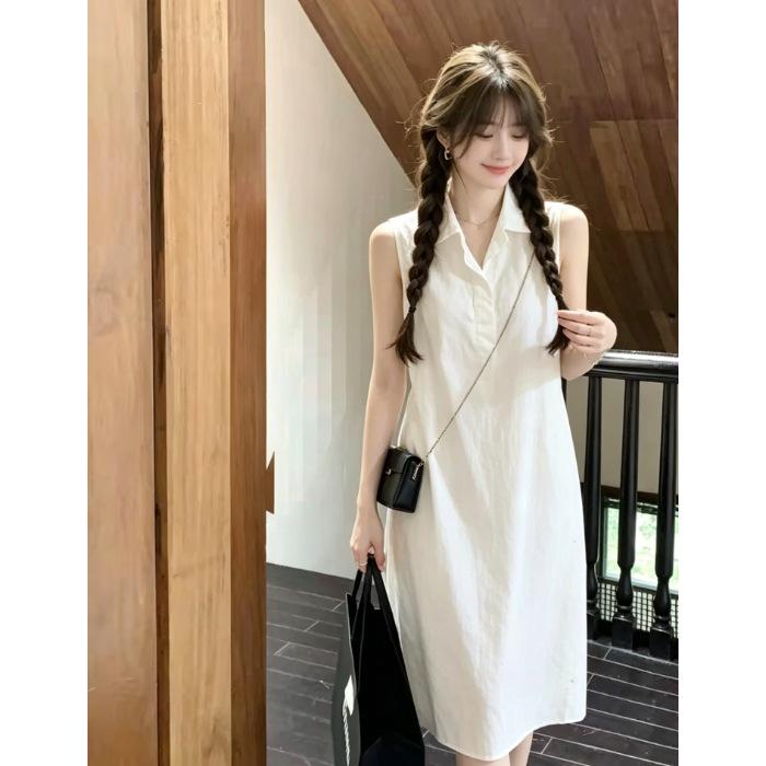 2026 simple lapel sleeveless dress women's summer loose and thin temperament commuter style solid color straight medium and long dress women