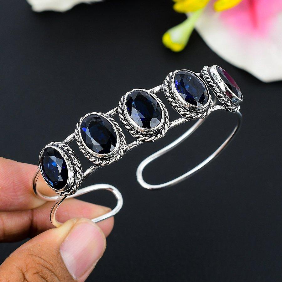 

London Blue Topaz Gemstone 925 Sterling Silver Cuff Bangle Adjustable KG-251
