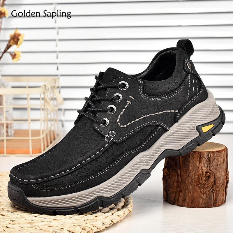 Fashion Golden Sapling Casual Outdoor Shoes Men Genuine Leather Loafers Platform Footwear Retro Men's Casual Shoe Comfortable Moccasins