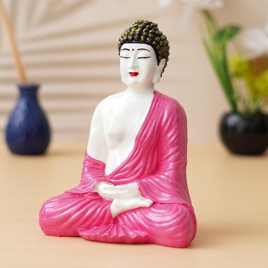 White Pink Resin Handcrafted Meditating Lord Buddha Statue for Living Room Home Decor Office