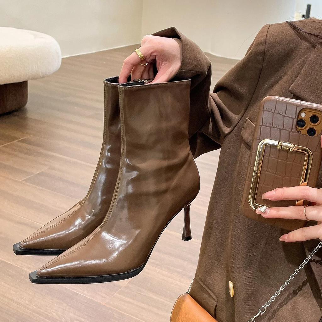 Fashion Women's Sexy Pointed Toe Ankle Boots Vintage Autumn New Fashion High Heels Patent Leather Skinny Boots Women Brown Short Booties