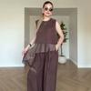 Amazon Cross-border Foreign Trade Women's Spring and Autumn New Round Neck Sleeveless Irregular Top Casual and Thin Wide-leg Pants Set