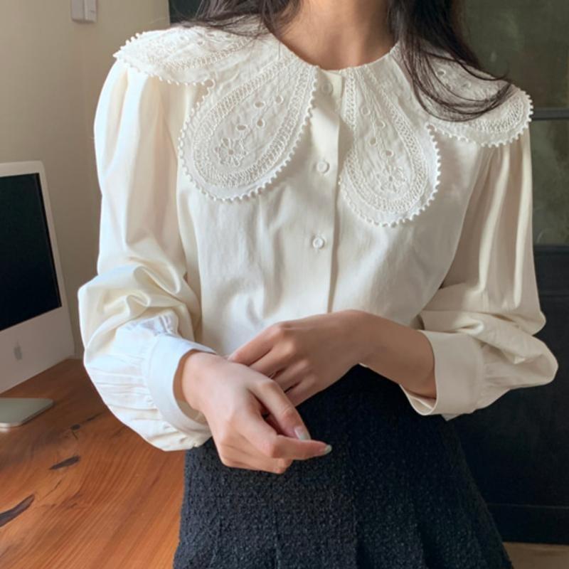 

Solid Color Women s Shirt Baby Collar Long Sleeved Button Down Ladies Blouse Korean Style New Casual Woman Trendy Top XL белый