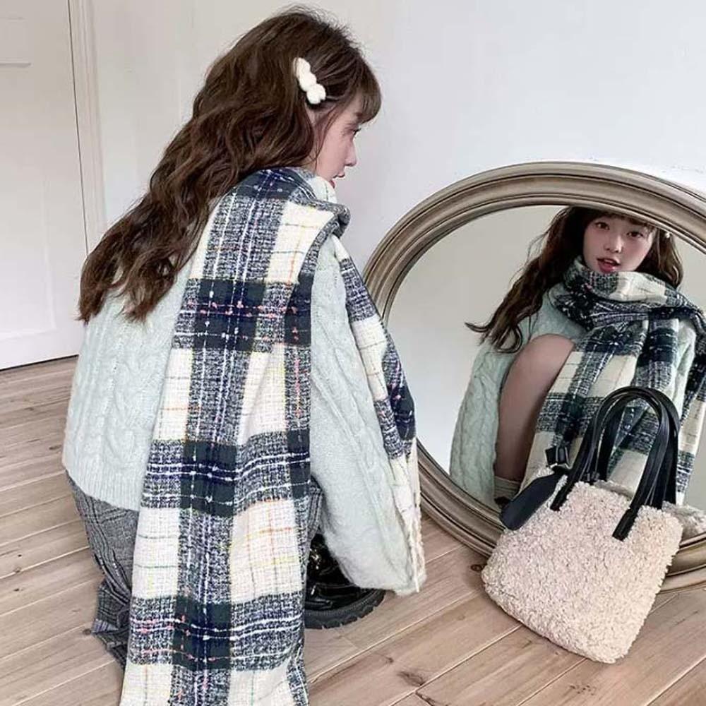 Soft Long Tassel Neckscarf Cold-proof Women Thickened Scarf Shawl Plaid Knitted Scarf  New Year