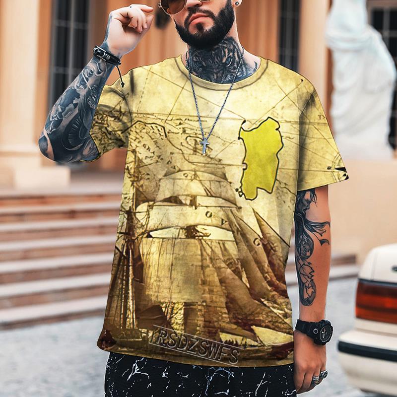 Hip-hop Retro Map Coordinate Tričko Pánské 3D strojový potisk Tričko nadměrné velikosti Street Summer Krátký rukáv 2022 Značka Top