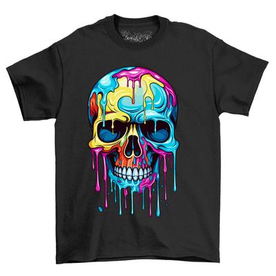 Skull Paint Drip Design T-Shirt Mens Womens Tees Top - Funny and Spooky! Unisex Printed Design. A Vib