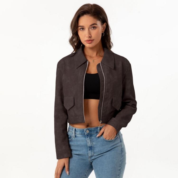 Women Fashion Slim Fit Pu Leather Jacket Long Sleeve Lapel Collar Zipper Outerwear for Fall Winter