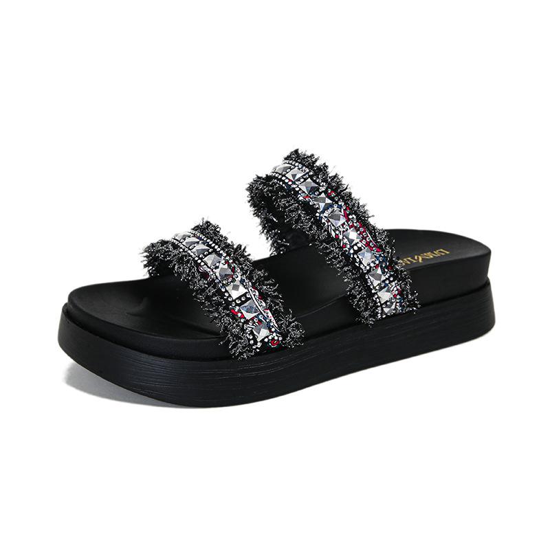 

Fashion sequines cloth double band platform slippers women rhinestone rivets slides shoes woman thick bottom fringe flip flops size 43 34 чёрный