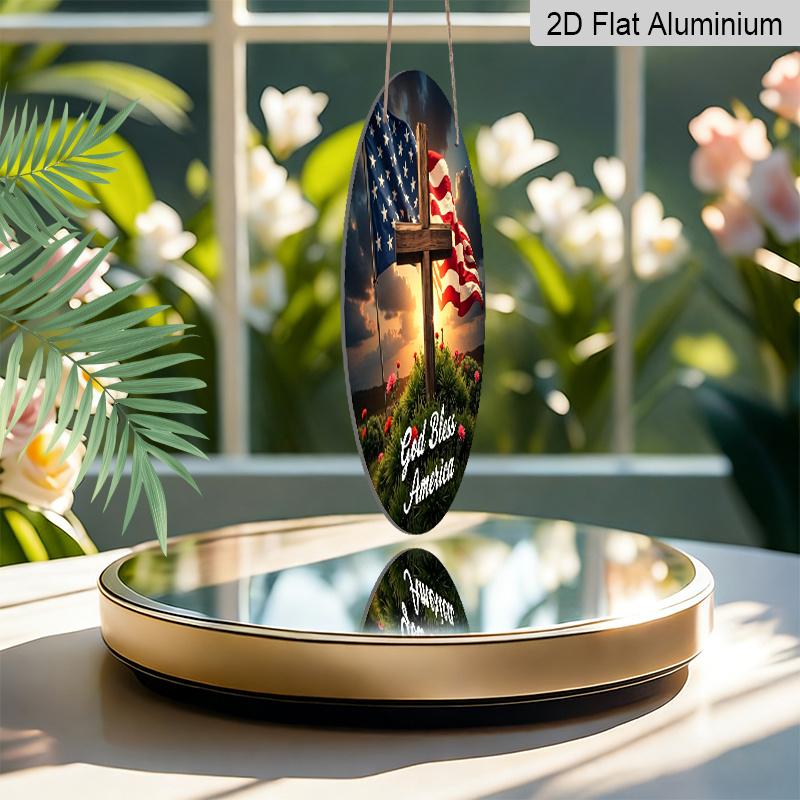 2D Flat, 1pc Round Aluminum "God Bless America" Sign, Sunset Cross & US Flag Metal Plaque, Waterproof & Rustproof, Perfect for Memorial Day, 4th of