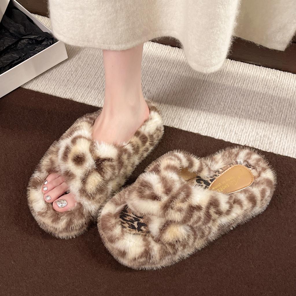 Leopard Print Thick Bottom Heightening Fluffy Slippers Women's Wear 2025 New Autumn and Winter Fashion Home Fluffy Cotton Slippers