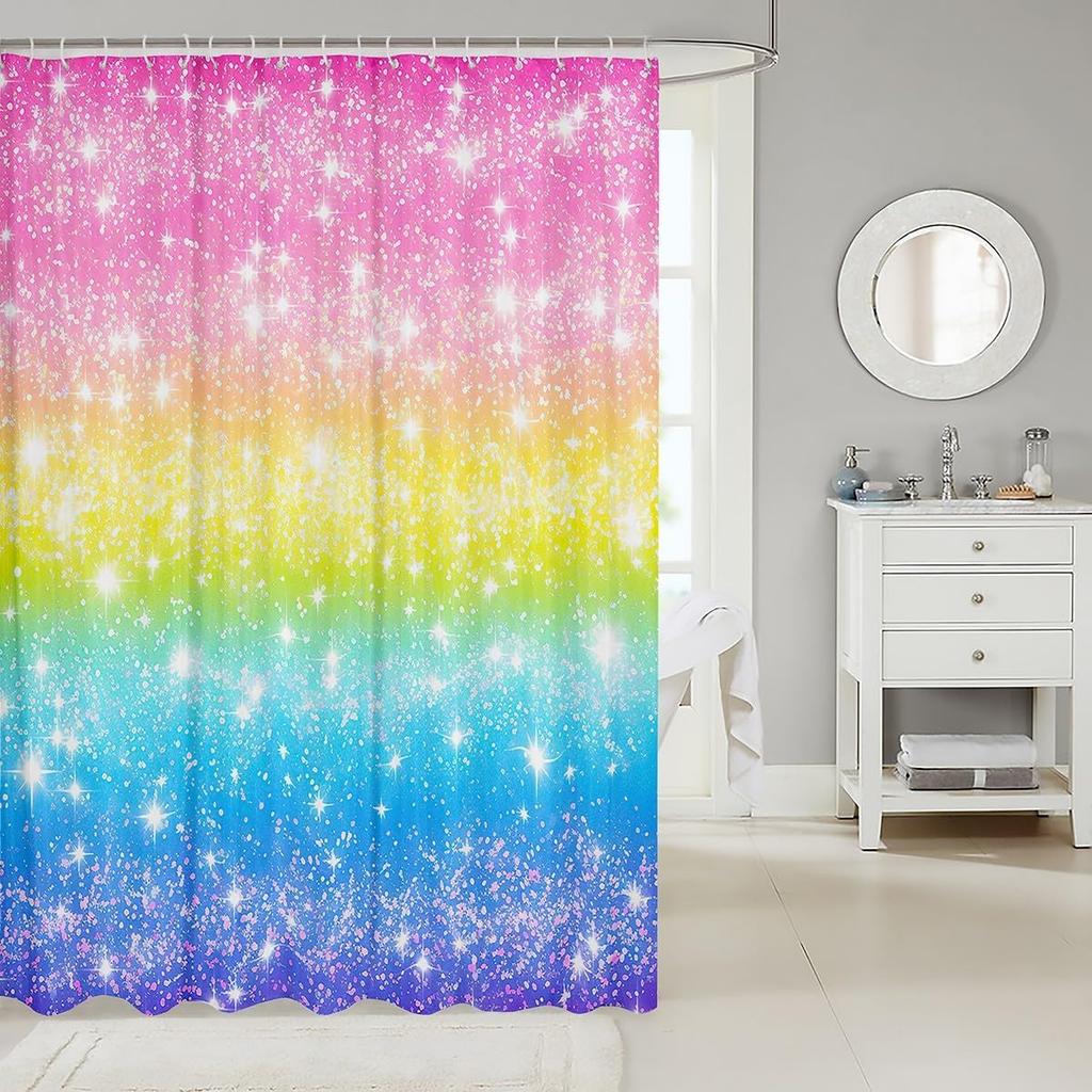 Rainbow Sparkle Shower Curtain Pink Yellow Blue Gradient Stars Glitter Effect Magical Bathroom Decor Unicorn Theme Bath Linen