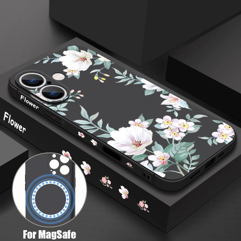 Magnetic For Magsafe Black-white Flower Case For iPhone 16 Pro Max Coque iPhone 15 Pro Max 14 13 11 17 Built-in Metal Plate Case