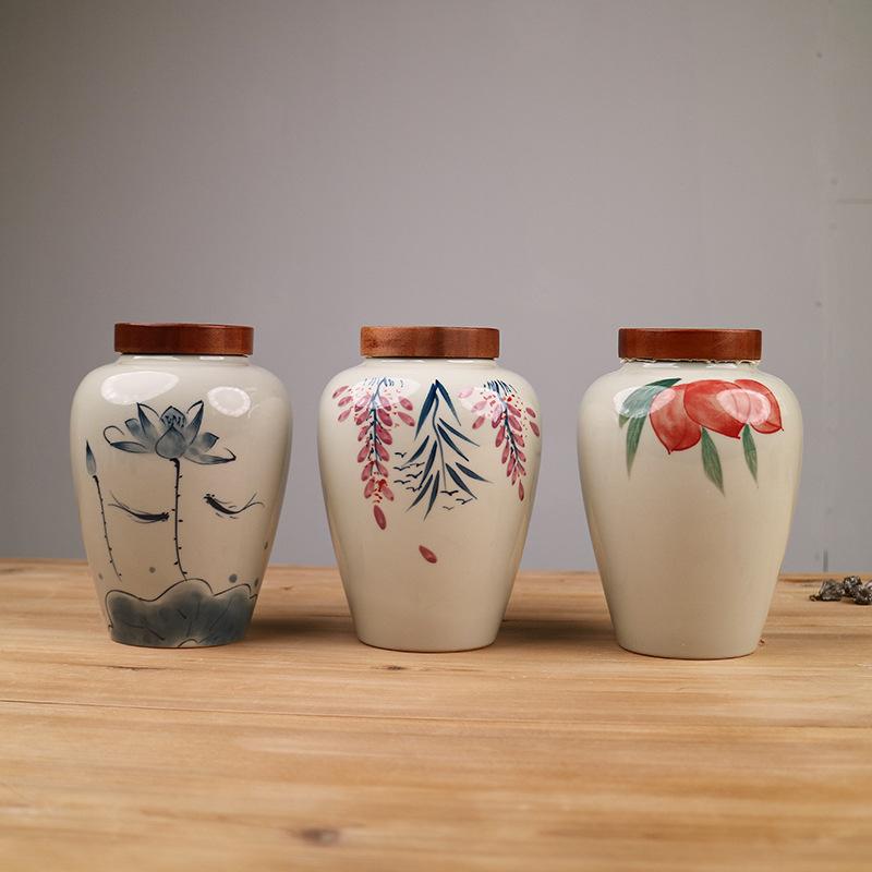 Creative Ceramic Tea Canister Hand-painted with Bamboo and Flowers Sealed Jar for Kitchen Food Nuts Herbal Storage Home Decor