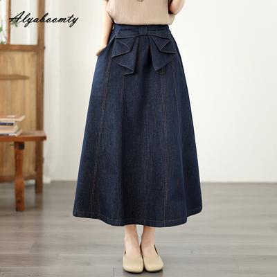 Koreanischer Stil Übergröße Damen A-Linien-Midirock Hoher Bund Schleife Denimrock Elegant Feminin Damen Büro-Lady-Rock Mit Taschen