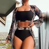 Women's Split Three Piece Set High Waist Long Sleeve Blouse Sunscreen Bikini Sets