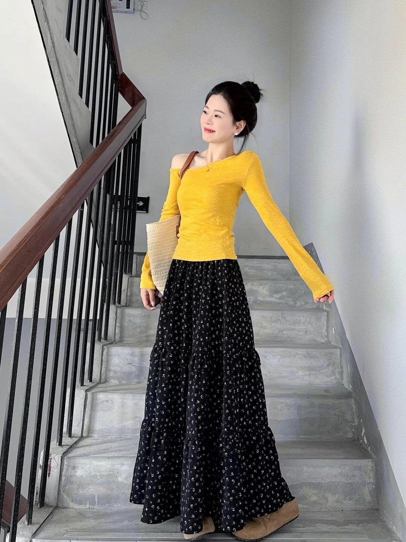 Women s Korean-Style Off-Shoulder Top and Floral Midi Skirt Two-Piece Set, 2026. XXL