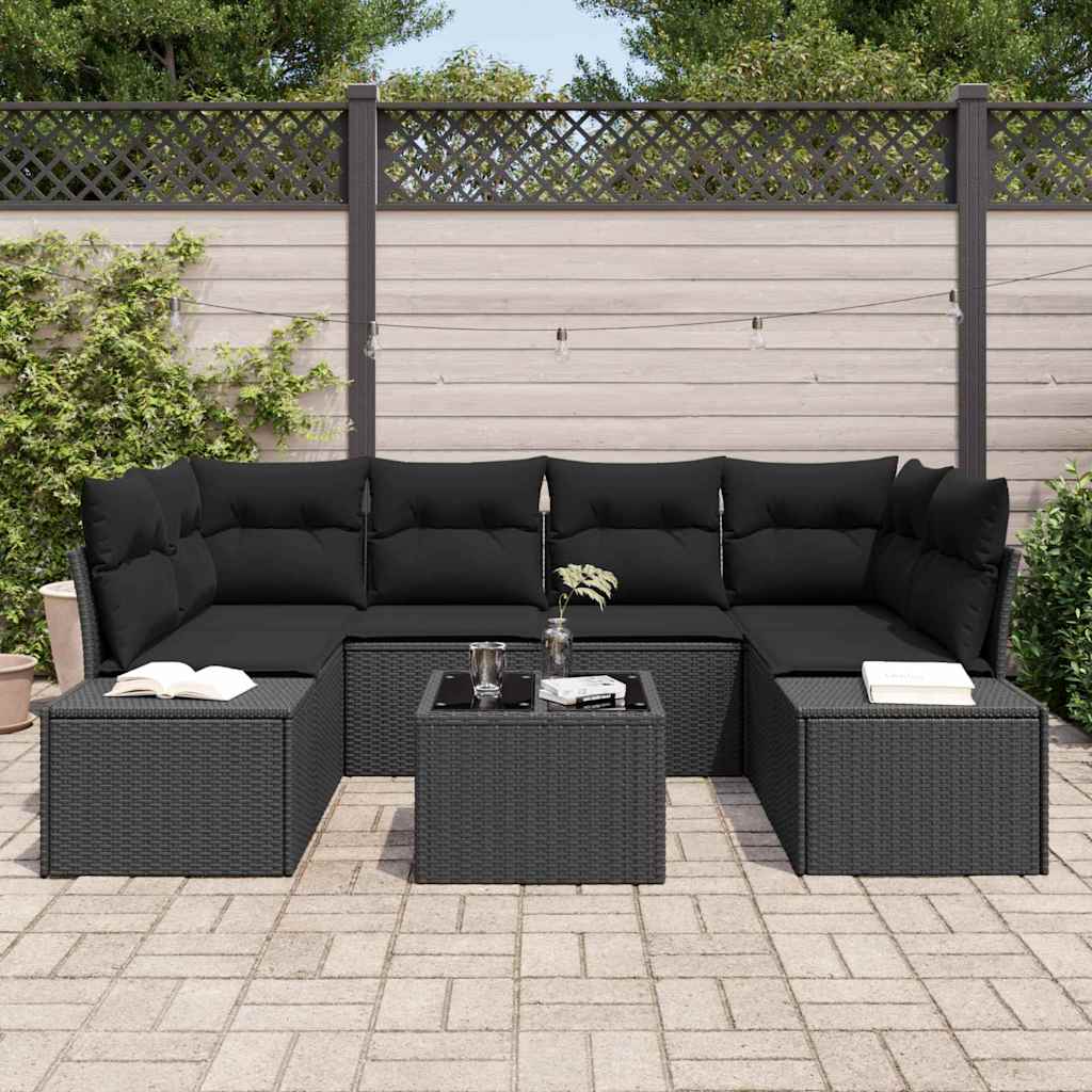 7 Piece Sofa Set with Cushions Black Poly Rattan