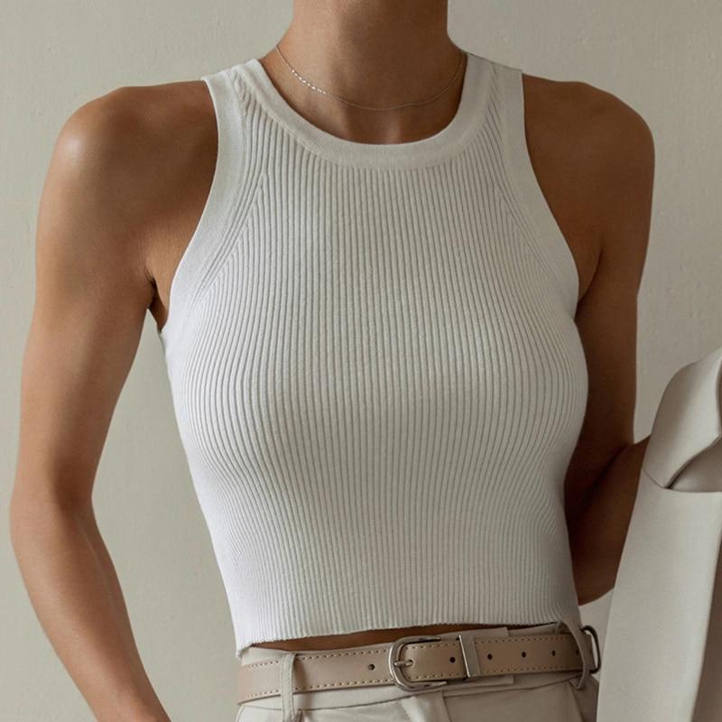 

Тонкая сексуальная вязаная футболка без рукавов, женские топы на бретелях с круглым вырезом, офисные укороченные футболки Y2k для женщин, повседневные блузы, элегантные майки 24843