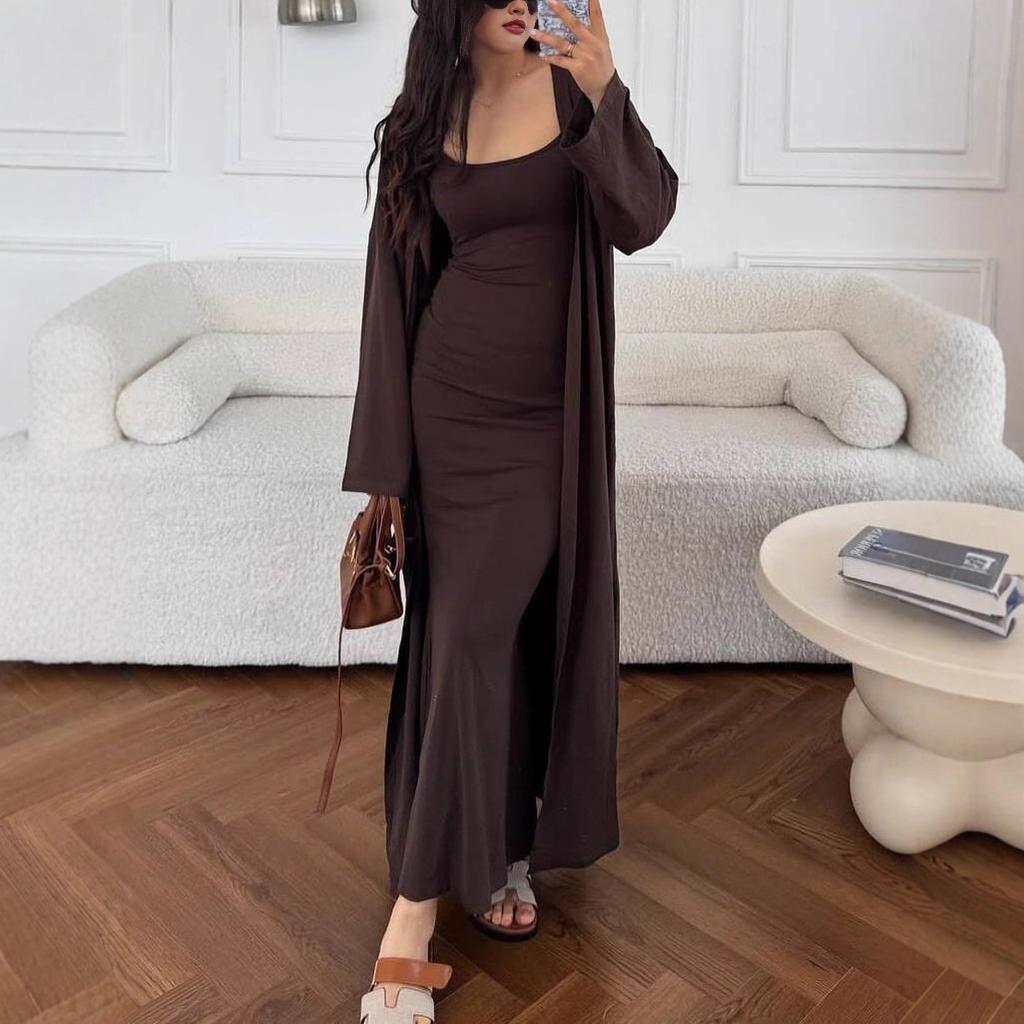 Spot new INS style fashion slim-fitting sleeveless suspender skirt solid color long coat cardigan two-piece set