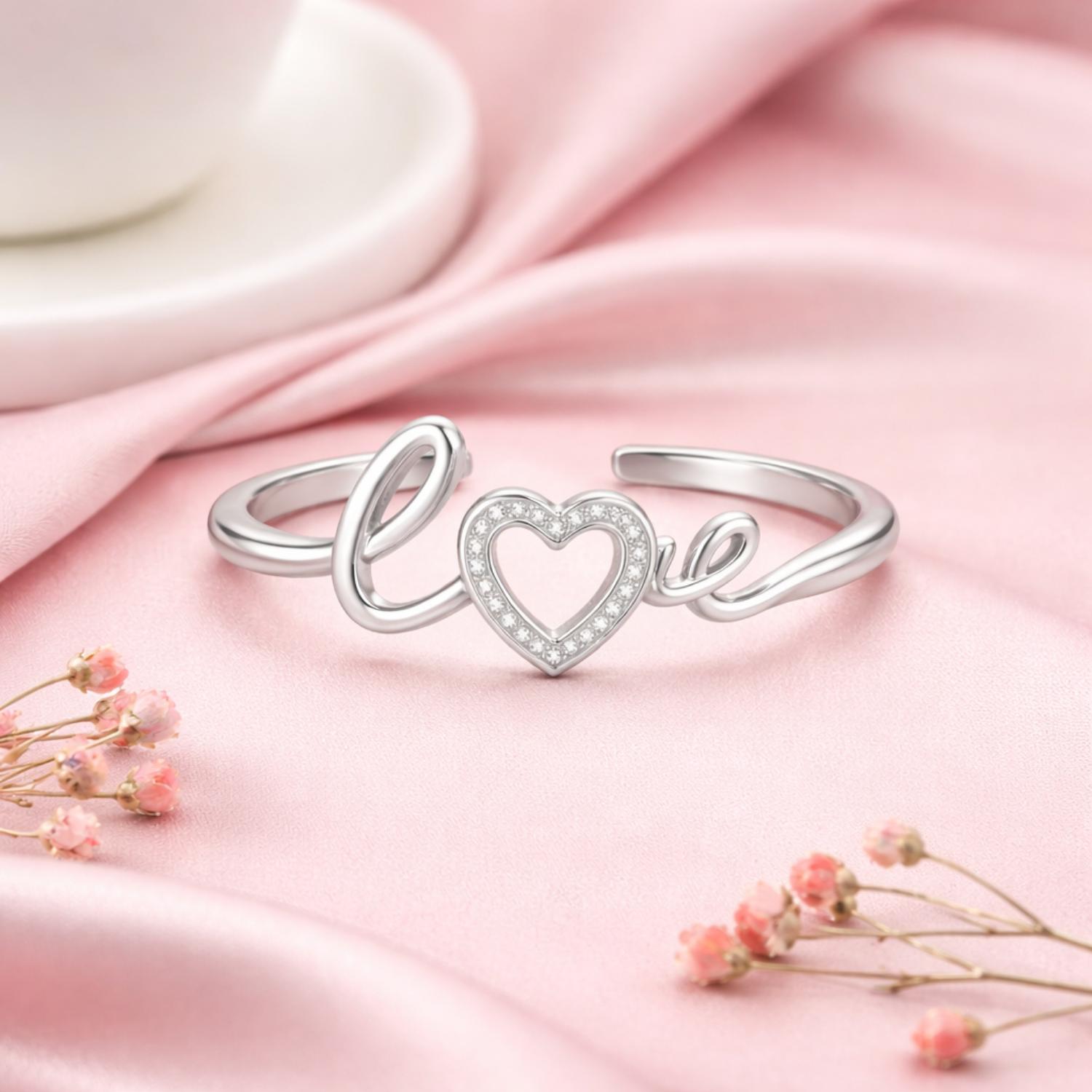 Heart Love Script Open Adjustable Ring –925 Sterling Silver 8 белый