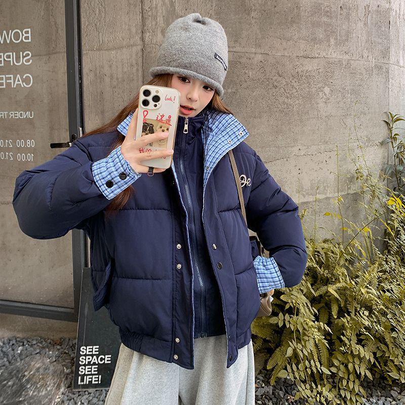 

Women s Navy Blue Plaid Patchwork Winter Cotton-Padded Jacket XL синій