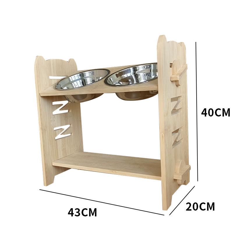 Adjustable Bamboo Wood Double Bowl Stand for Cats and Dogs - Elevate Pet Feeders for Neck Protection