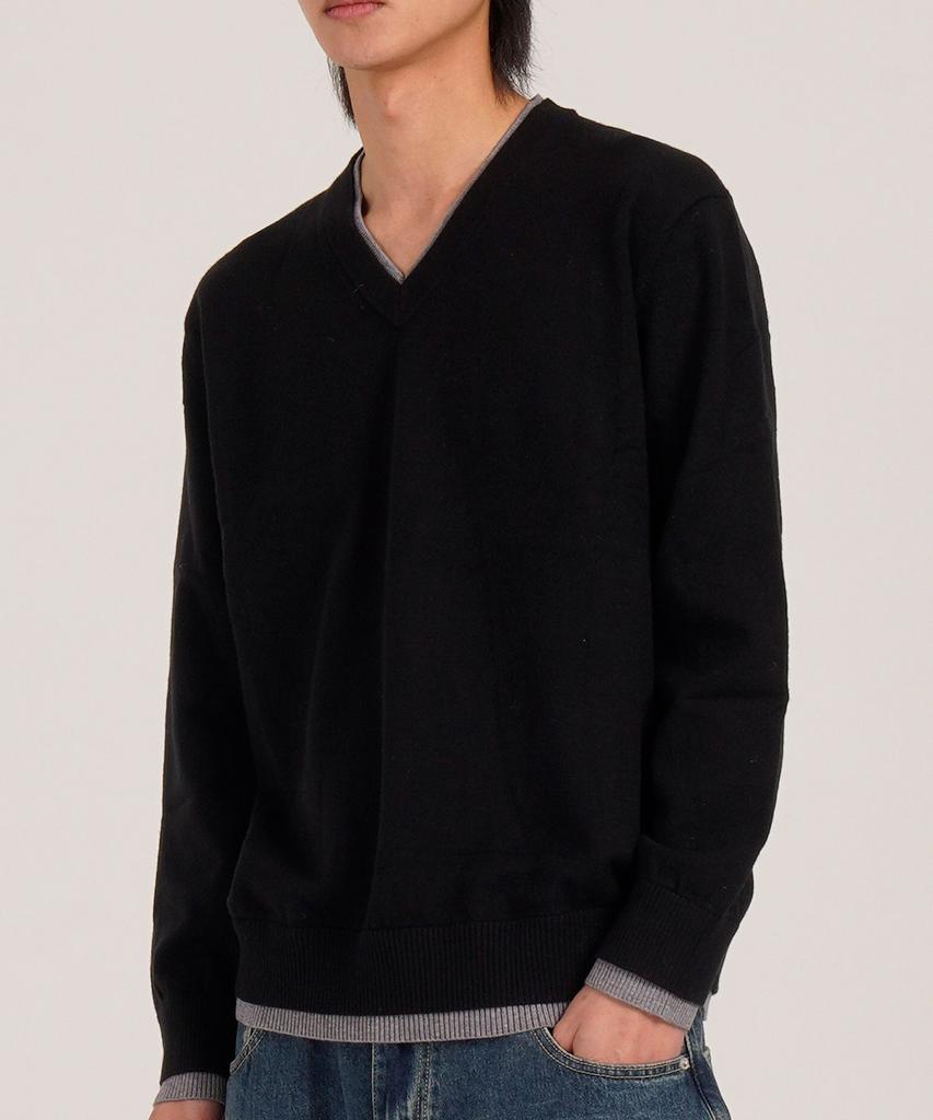 Beoteunseoul Wool Blend Layered V-Neck Knit (Black)