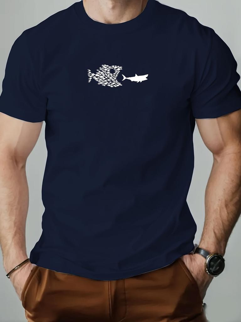 Summer Casual Crewneck Men Fun Big Fish Eating Small Fish Pattern Adult Women Matching Shortsleeved Tshirt Loose Breathable