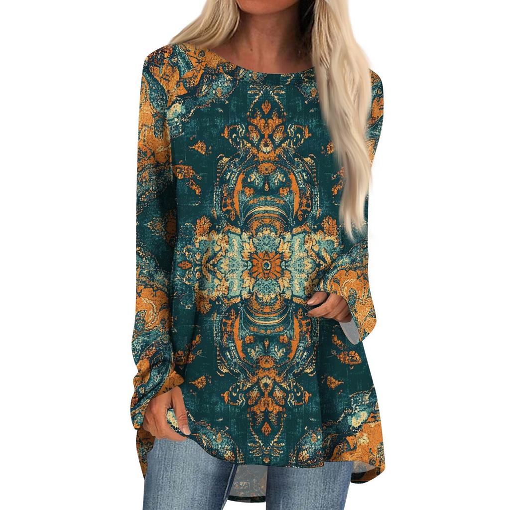 Women's Fashion Casual Long Sleeve  Print Round Neck Pullover Top Blouse