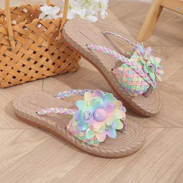 South East Asia foreign trade large size colorful flowers toe cool slippers summer new hollow woven beach women's shoes