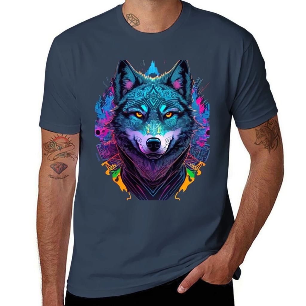 Proud Wolf In Tribal Look Tshirt Basic Plain Tee For Spring And Summer Tshirt