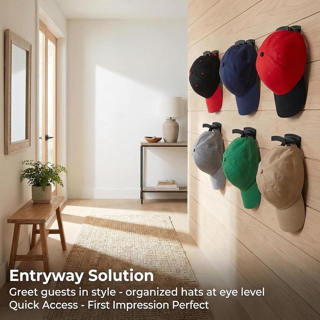 5-Pack Adhesive Hat Hooks for Wall - Minimalist Baseball Cap Organizer & Display Rack - No Drilling Sticky Hat Hangers for Door, Closet & Room Decor