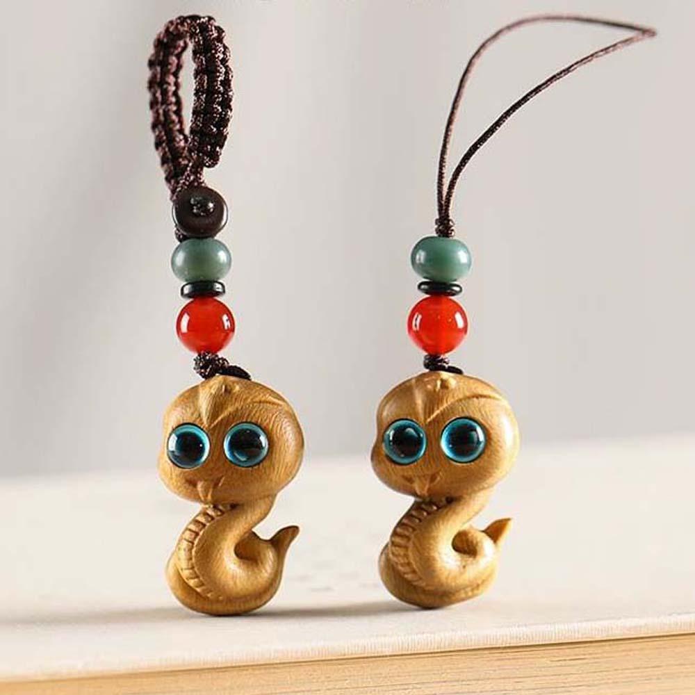 Cyan Eyes New Year Carved Pendant Mini Green Sandalwood Phone Chain Ornament Gifts