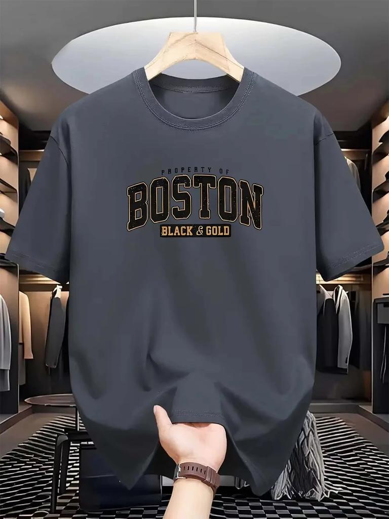 2025 Men's Casual Fashion Trend round-neck T-shirt, Boston print, 100% pure cotton short-sleeved summer top