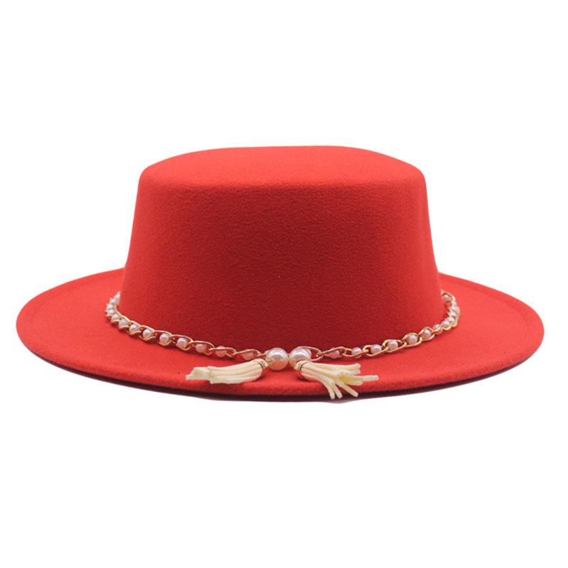 European, American and British Style Retro Fringed Pearl Chain Woolen Felt Hat Wide Brim Top Hat Flat Top Lady Hat Trendy Girl