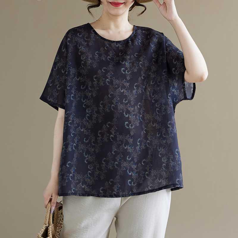 2026 Summer Artistic Retro Cotton Linen Printed Round Neck Loose Plus Size Slimming Women s T-shirt One Size