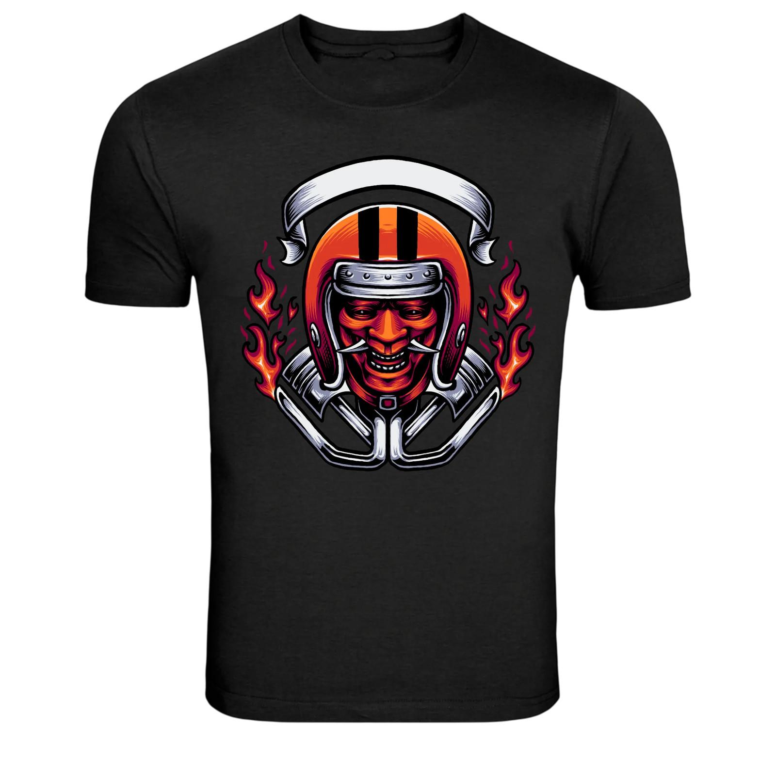 Vintage Racer Helmet Devil Flames Graphic T Shirt Biker Tee S