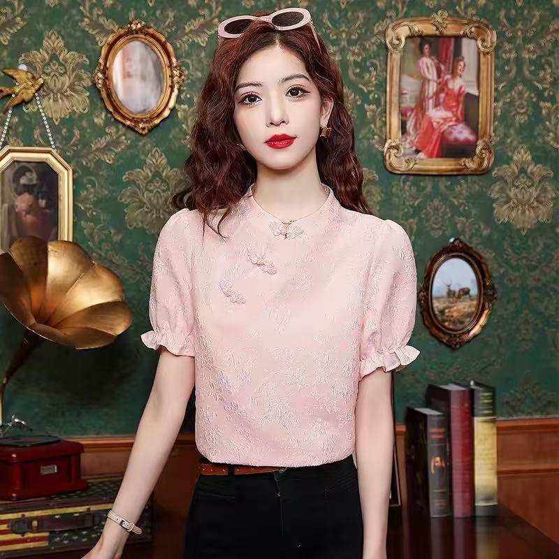 2026 Summer Women s Cheongsam Shirt: Stylish New Chinese Frog Button Short-Sleeve Top Extra Large розовый