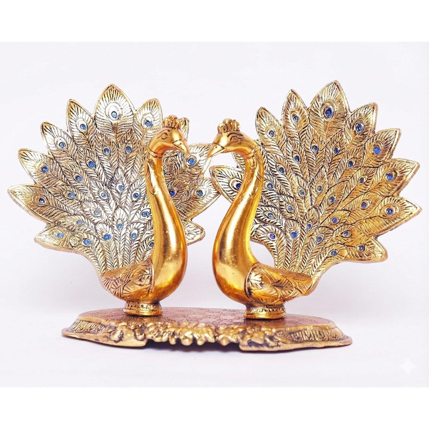 DreamKraft Loving Glossy Gold Peacock Pair Metal Statue, Couple Peacock Decorative Showpiece