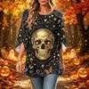 Women's Casual Loose Fit Three-Quarter Sleeve Neck Top with Halloween Print