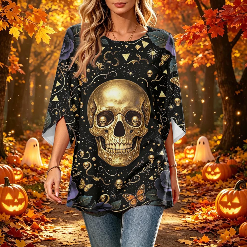 Women's Casual Loose Fit Three-Quarter Sleeve Neck Top with Halloween Print