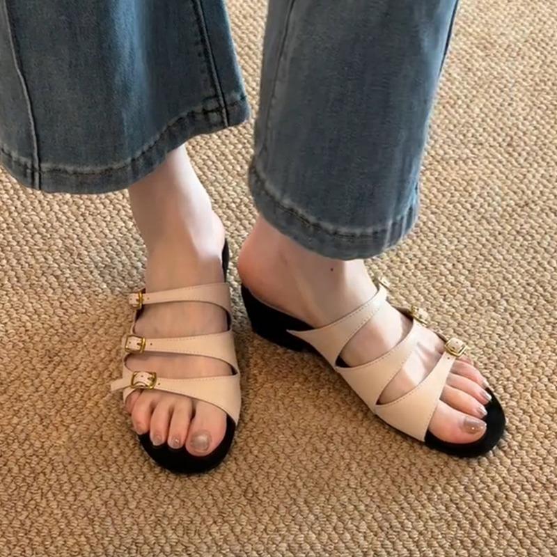 Sheepskin Version~ New Gentle One-word Shoes Women's Summer Versatile Commuting Thick-soled Leather Cool Slippers