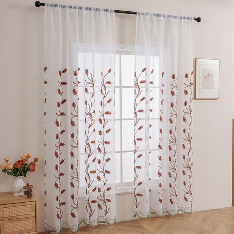 Rod Pocket Design Semi Sheer Curtain Easy Installation Wheat Embroidered Voile Drape Light Filtering for Home Decors