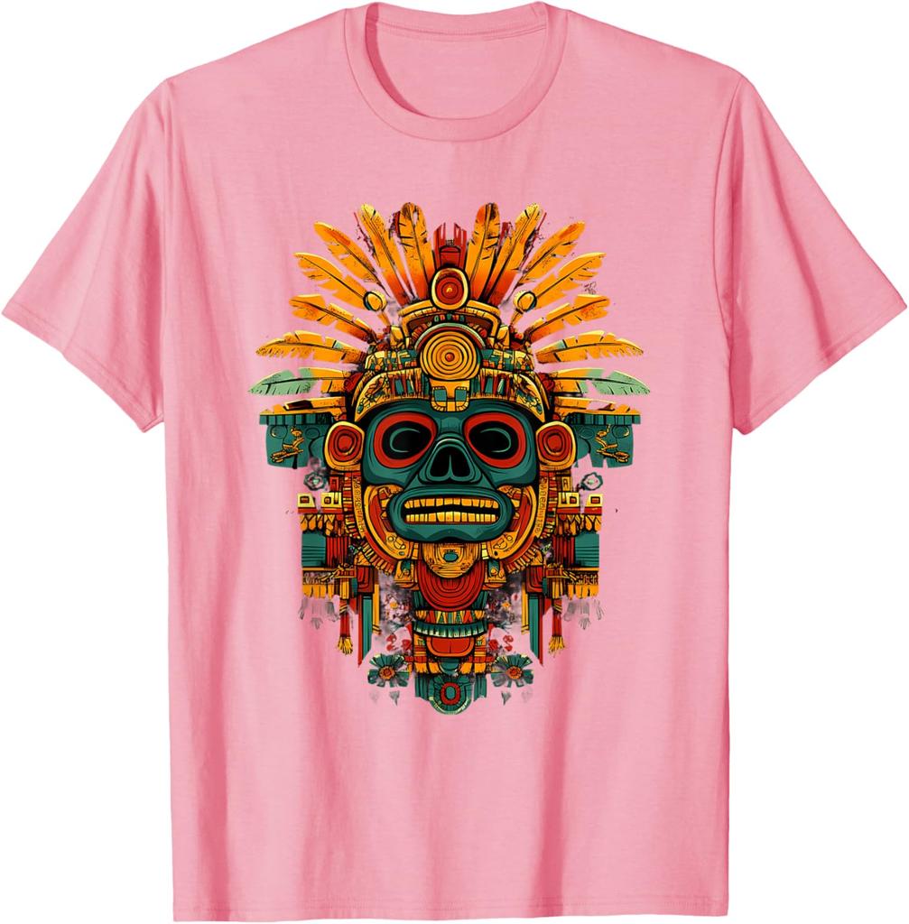 Aztekischer Maya Gott Schädel Kopfschmuck Grafik T-Shirt Herren Atmungsaktiv Kurzarm T-Shirt Lässiger Ausflug