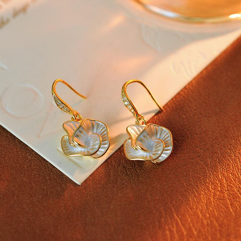 S925 Silver Needle Camellia Earrings - Elegant Light Luxury for Women