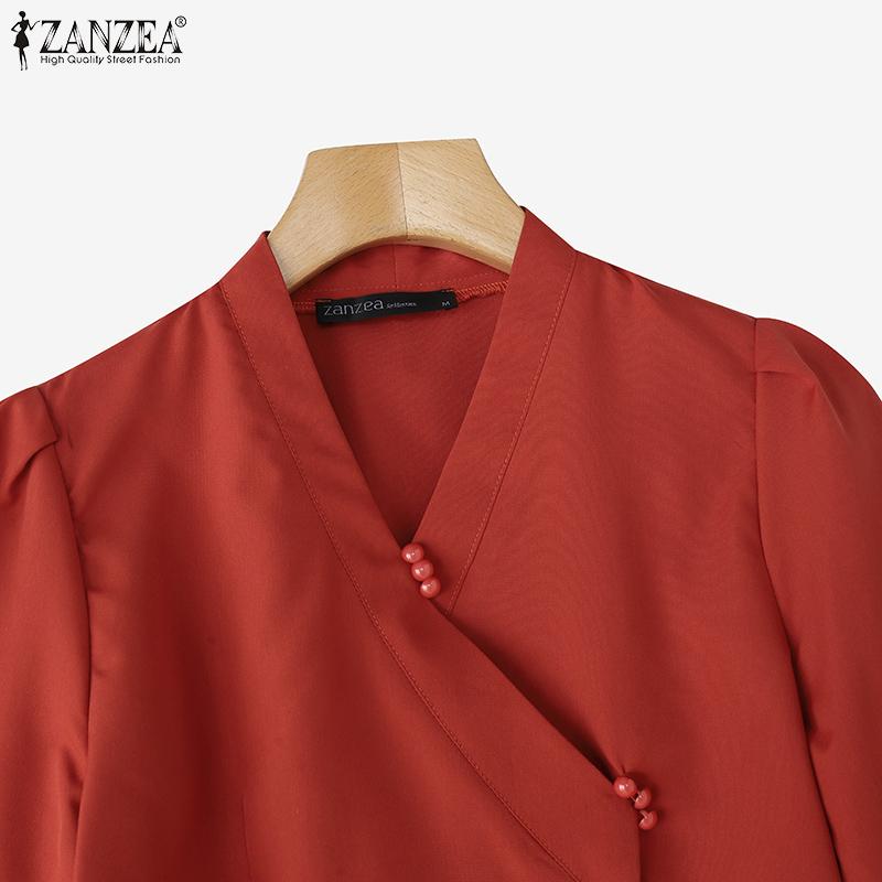 ZANZEA Womens Casual V-Neck Flare 3/4 Sleeve Loose Plain Blouse