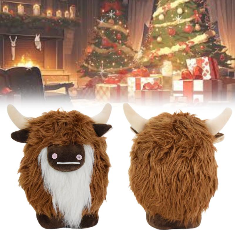 Adorable Plush Highland Cow Decorative Figure With Brown And White Facial Features